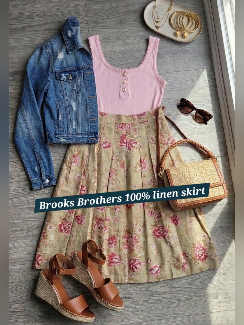Brooks Brothers 100% Linen Floral Midi Skirt | Size 16 | Tan Neutral Preppy
